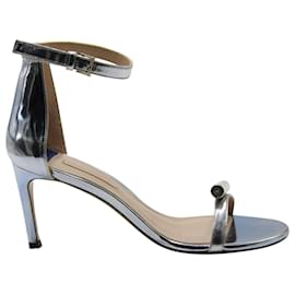 Stuart Weitzman Sandali Open Toe con Tacco Alto e Cinturino alla Caviglia in Pelle Argento
