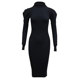 Iris & Ink Geripptes Strickkleid mit Rollkragen aus marineblauer Viskose