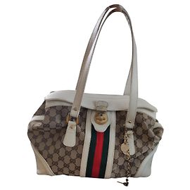 Borsa a mano Gucci bianca e marrone chiaro in pelle e tela