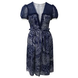 Rodarte Knielanges bedrucktes Kleid mit Puffärmeln aus blauer Seide