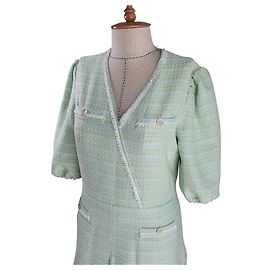 Maje Vestido de tweed plisado menta y beige algodón Talla 36