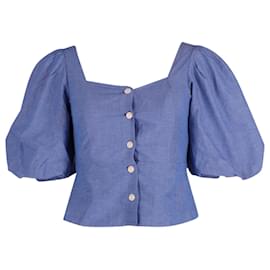 Top arricciato con maniche a sbuffo Sandro Mayan in cotone blu