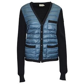 Moncler Knit Sleeve Quilted Down Panel Cardigan Jacket in Navy Polyamide
