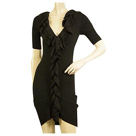 Karen Millen Vestido de malha de lã preto com babados na frente mini comprimento manga curta Sz 1