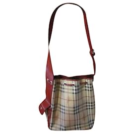 Borsa a secchiello Burberry beige e bordeaux in tela e pelle verniciata
