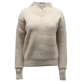 Helmut Lang gerippter Strickpullover in Distressed-Optik aus beiger Wolle