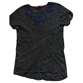 Comptoir Des Cotonniers T-Shirt aus Wolle und Baumwolle Grau mit blauer Stickerei