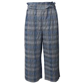 Ganni Seersucker Checked Wide-leg Cropped Pants in Blue Organic Cotton 