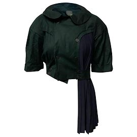 Fendi Double Breasted Cropped Parka with Pleated Detail in Green Virgin Wool