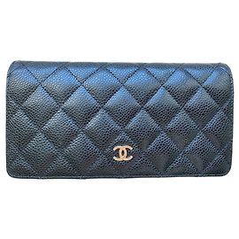 CHANEL Matelasse Caviar Skin Monedero Largo Cuero Negro