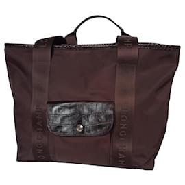 Longchamp Canvas Tote Bag Crocodile Effect Leather Dark Brown