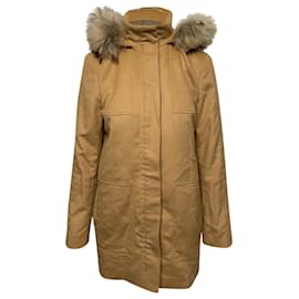Hugo Boss Cappotto Boss con Cappuccio bordato di Pelliccia in Lana Cammello Giallo