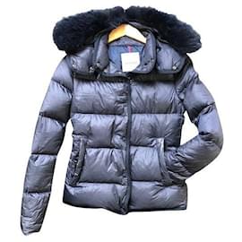 Moncler Mädchen Mantel Dunkelblau Polyamid mit Echtpelz Kapuze