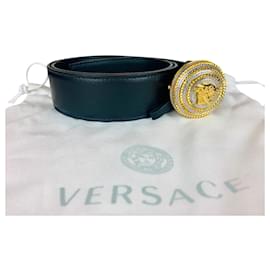Versace Gürtel aus schwarzem Leder mit Gold und Silber Schnalle 85 cm