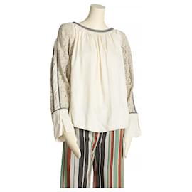 Blusa Chloé de linho e seda branca e cinza S