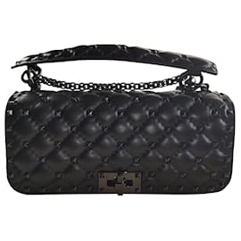 BORSA A SPALLA ROCKSTUD SPIKE in pelle di vitello Tutto nero Nuovo - Valentino