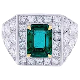 inconnue Anello, oro bianco, platino, smeraldo, diamanti.