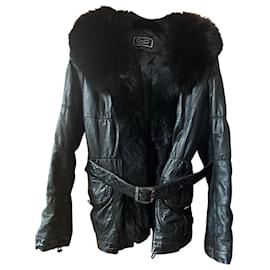 Autre Marque Black Lambskin Leather Jacket with Fox Fur Collar
