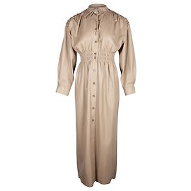 Nanushka Shirred Midi Shirt Dress in Beige Vegan Leather 