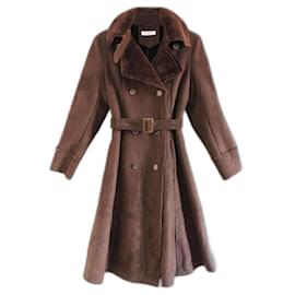 VENDIMIA 90's Balmain marrón largo lammy abrigo chaqueta de gran tamaño gabardina parka lammycoat diseñador vegano cuero de gamuza años noventa tamaño UE 42 / L