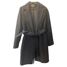 Cappotto Maje in lana blu navy con frange nere