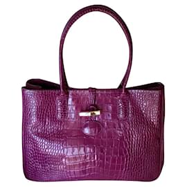 Longchamp Roseau Croco Calf Leather Handbag Fuchsia