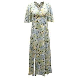 Vestido midi floral con cuello en V y mangas acampanadas en chifón de seda azul claro de Sandro Paris