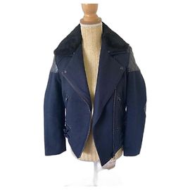 The Kooples Jacke aus marineblauem Wollfilz mit Webpelzkragen