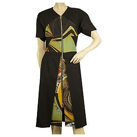 ETRO preto verde com zíper frontal manga curta robe Manteau vestido casaco tamanho 40