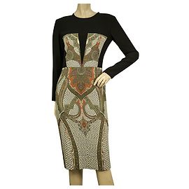 ETRO Negro Multicolor Paisley Manga larga Ajustado Hasta la rodilla Vestido tamaño 42