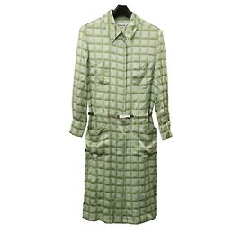 * [CHANEL] Chanel Coco Mark Kariertes Hemdkleid, einteilig, langärmelig, knielang, aus Seide 100% Grün