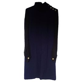 Pierre Balmain Blaues Kleid mit schwarzen Chiffonärmeln Balmain