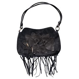 Borsa Gerard Darel in nabuk nero con frange e fiori in pelle