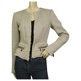 Michael Kors Chaqueta de tweed de lino y algodón con cremalleras delanteras abiertas en blanco y negro talla 2