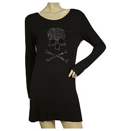 Philipp Plein Schwarz Langarm Strass Totenkopf T-Shirt Minikleid Größe XL