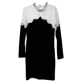Sandro Paris Abito Midi in Pizzo Bicolore in Viscosa Nero/Bianco