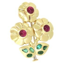 Weinlese Cartier 18K Gelbgold 750 3p Rubin 6P Smaragdblumenbrosche mit Box