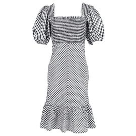 Ganni Gesmoktes Gingham-Kleid mit Puffärmeln aus schwarzem und weißem Polyester