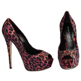 Casadei Plateaupumps aus Leder Panther Swarovski Kristalle Schwarz Rosa Orange