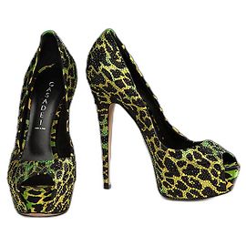Casadei Plateaupumps aus Leder Panther Swarovski Kristalle Schwarz Gelb Grün
