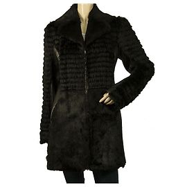 Thes & Thes Cappotto da giacca con cerniera frontale a maniche lunghe in pelliccia e pelle nera