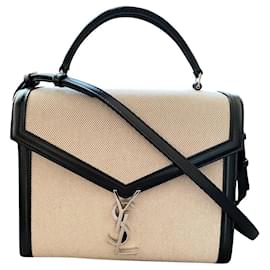 Saint Laurent Cassandra Borsa a spalla in Tela di cotone e Pelle nera