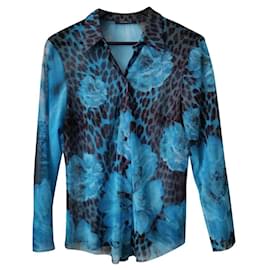 Autre Marque Camisa Garella de tul malla azul turquesa y marrón con flores