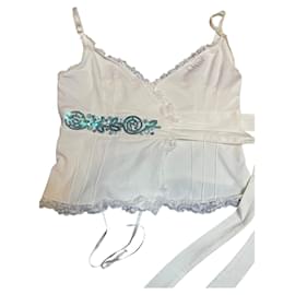 Top cruzado Dior con lentejuelas blanco y azul de algodón