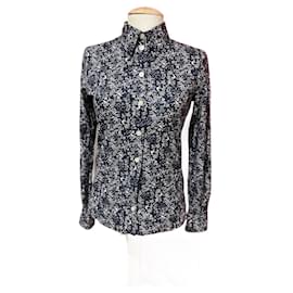 Blusa Cacharel Azul Marinho com Flores Brancas Algodão Tamanho 36