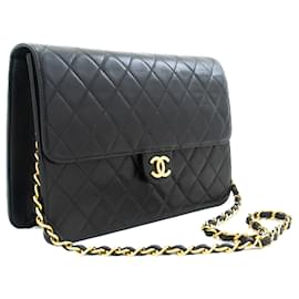 CHANEL Bolso de hombro con cadena Cartera Cartera acolchada negra con solapa de cordero - Chanel