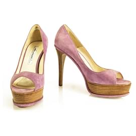Brian Atwood Décolleté Open Toe in pelle scamosciata viola rosa Scarpe con tacco alto in legno sottile tg 37