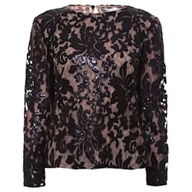 Top nero a maniche lunghe DvF 'Belle' con rete in pizzo floreale con paillettes - Diane Von Furstenberg
