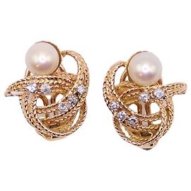 Autre Marque Gelbgold-Ohrringe 750%o Flechteffekt, besetzt mit Diamanten und Perlen