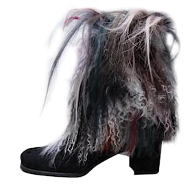 Stivaletti Stuart Weitzman in pelle nera e ecopelliccia multicolore 36 IT